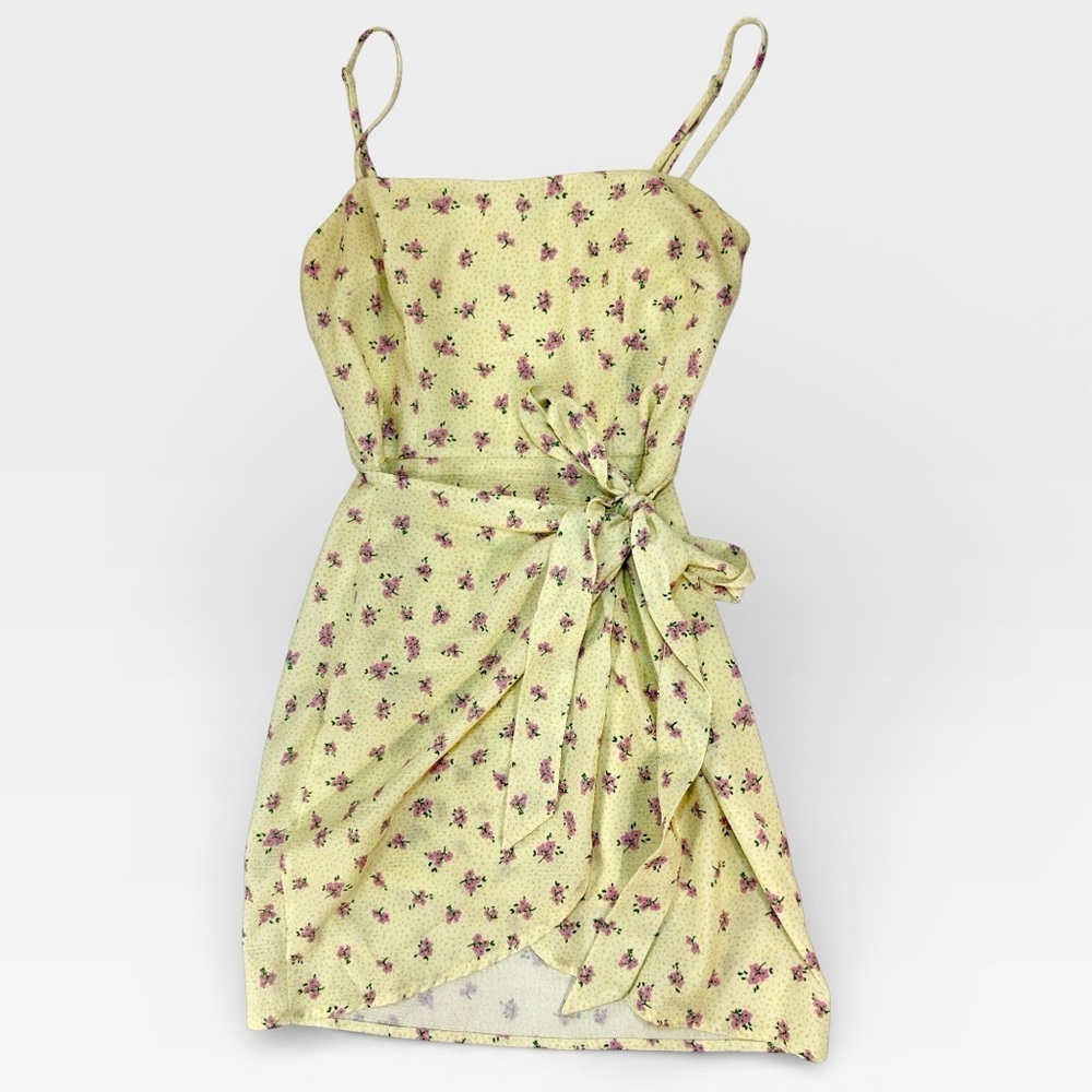 Princess Polly Nellie Yellow Floral Wrap Mini Dress with Bow Tie US 4